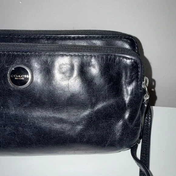 Coach Wristlet Black Leather Wallet Double Zip Striped Legacy Satin Lining 8x4 - Picture 9 of 16